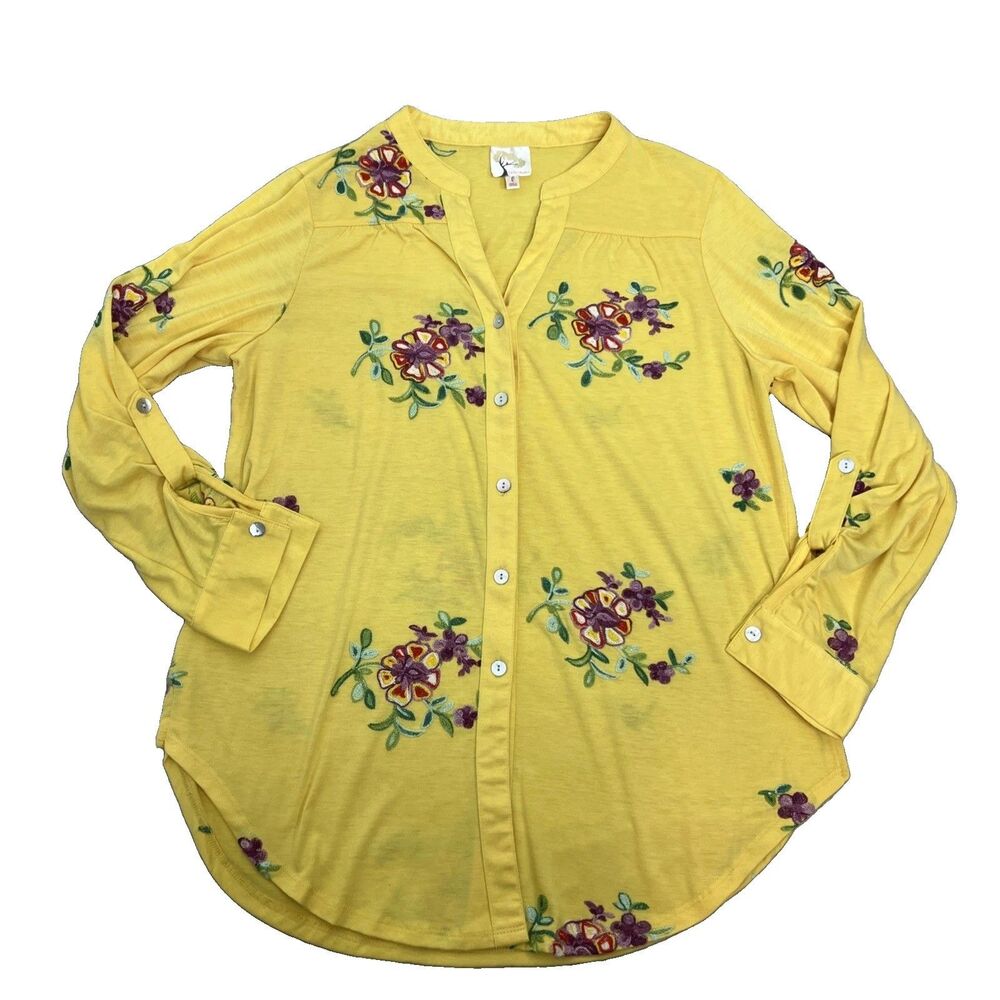 Fig & Flower Sz L Yellow Floral Embroidered Top Roll-tab Sleeve Cottagecore Boho